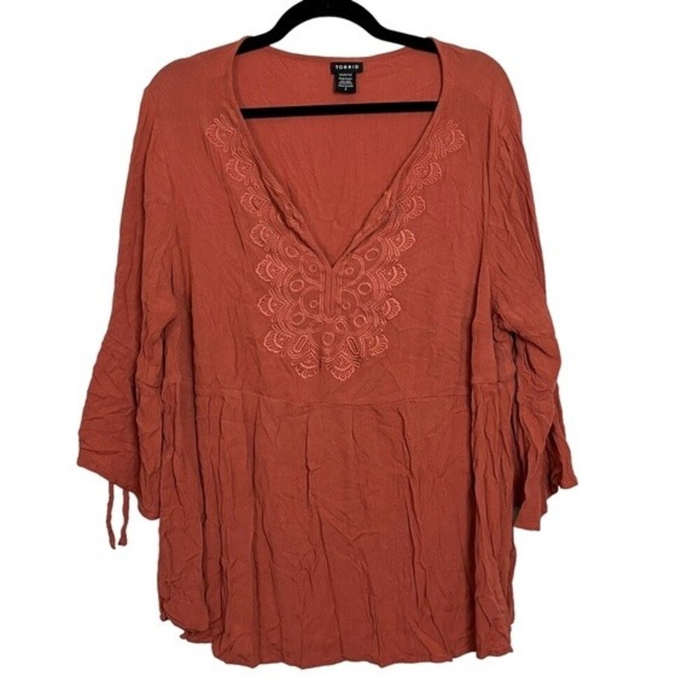 Torrid Orange Embroidered 3/4 Sleeves Blouse Size 2X Women